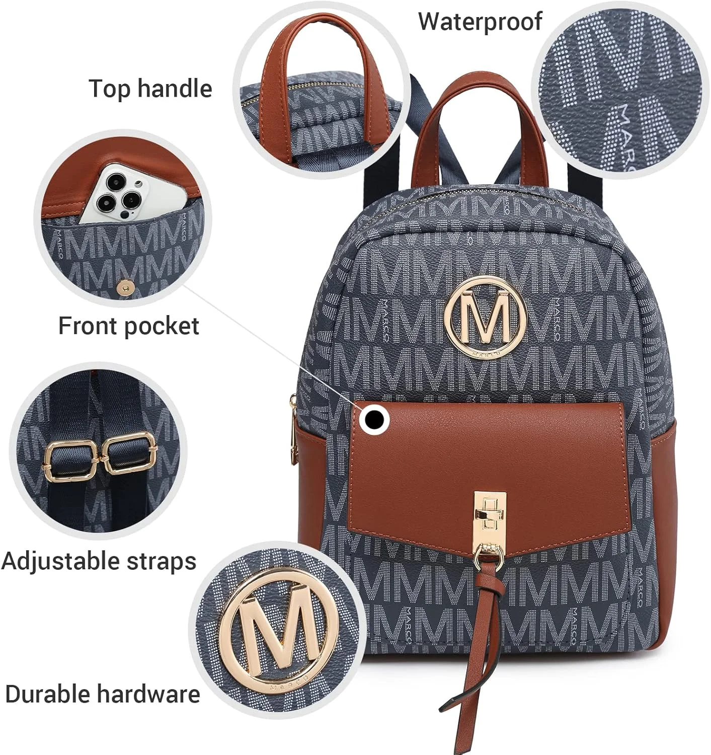 کیف کوله پشتی کوچک زنانه MKP، کوله پشتی شیک و فانتزی، کیف دستی و کیف دوشی با آویز تزئینی