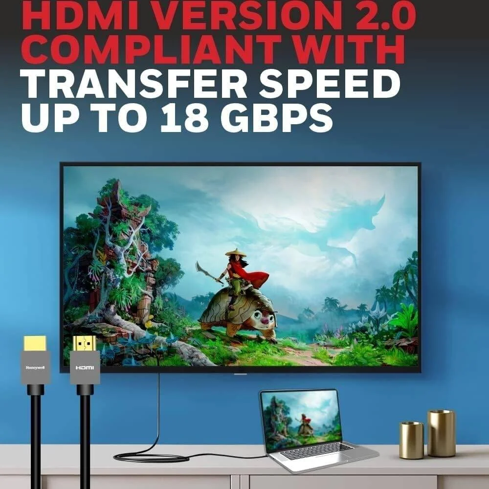 کابل HDMI 2.0 پرسرعت هانیول با اترنت، رزولوشن 3D/4K@60Hz UHD، طول 2 متر (6.6 فوت)، 18 گیگابیت بر ثانیه، پرسرعت، سازگار با تمام دستگاه های دارای HDMI | HC000008/HDM/2M/BLK/SLM