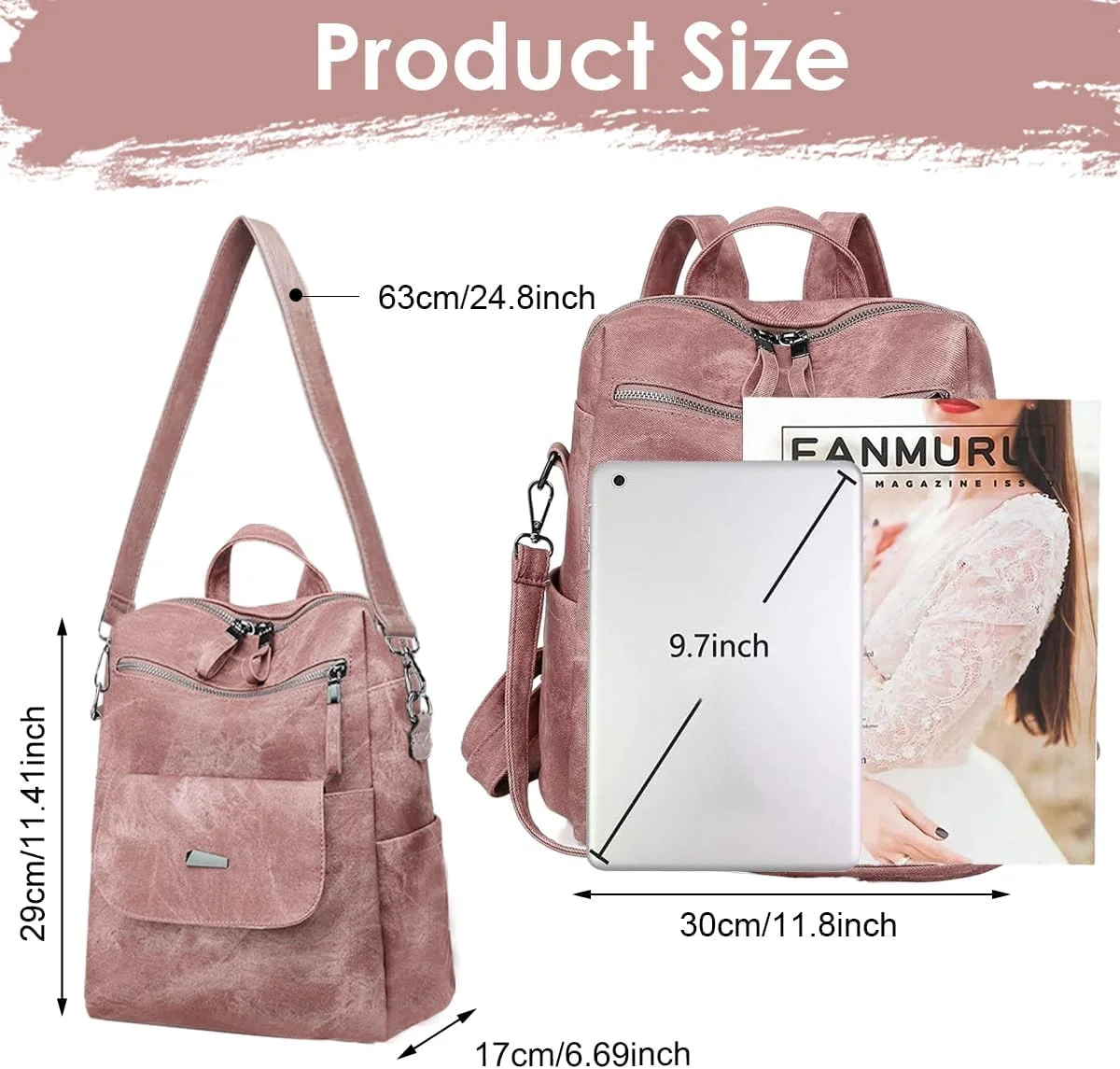 کوله پشتی چرمی PU زنانه، کیف شانه ای مسافرتی شیک، کوله پشتی چند منظوره سبک وزن غیر رسمی، کیف دستی برای کار، مدرسه، دانشگاه، صورتی