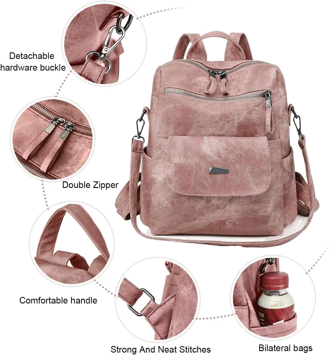 کوله پشتی چرمی PU زنانه، کیف شانه ای مسافرتی شیک، کوله پشتی چند منظوره سبک وزن غیر رسمی، کیف دستی برای کار، مدرسه، دانشگاه، صورتی