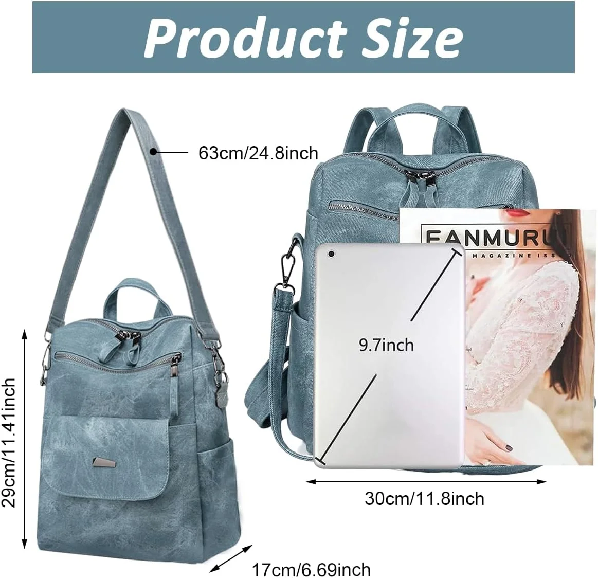 کوله پشتی چرمی زنانه، کیف دوشی شیک زنانه، کیف دستی مسافرتی سبک و نرم، کیف یک طرفه مناسب کار، مدرسه، آبی