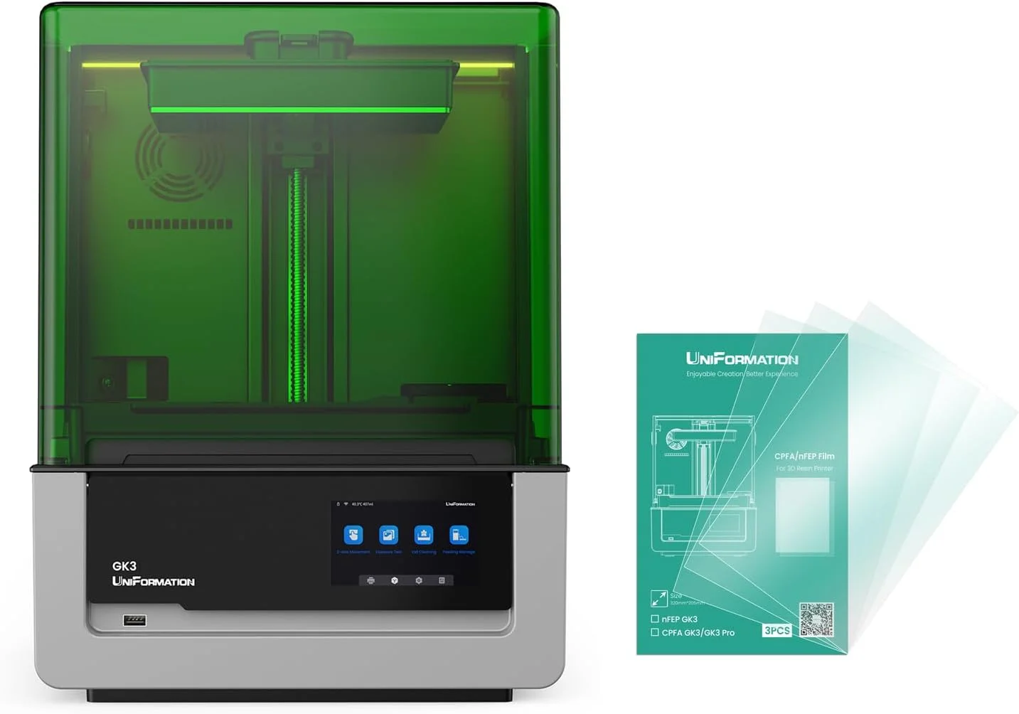 چاپگر سه بعدی رزینی GK3 (T) با رزولوشن بالای 16K LCD، منبع نور COB، سیستم گرمایش هوشمند و کنترل از طریق اپلیکیشن، چاپ آسان، ابعاد ساخت بزرگ 8.3 x 4.7 x 9.5 اینچ و فیلم رهاسازی GK3 NFEP (3 عدد در هر مجموعه)