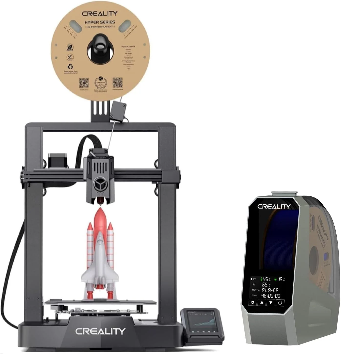 بسته پرینتر سه بعدی Ender 3 V3 KE به همراه جعبه خشک کن فیلامنت Creality Space Pi، فن و صفحه لمسی، نگهدارنده قرقره فیلامنت پرینتر سه بعدی