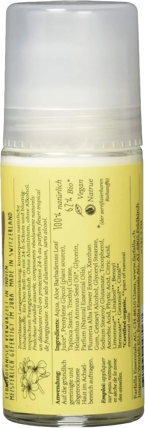 دئودورانت رولی فرانجیپانی فرفالا 50 میلی لیتر - دئودورانت ملایم گلی بدون آلومینیوم و الکل - 100% لوازم آرایشی طبیعی تایید شده - استیک دئودورانت با رایحه ای دلپذیر - وگان