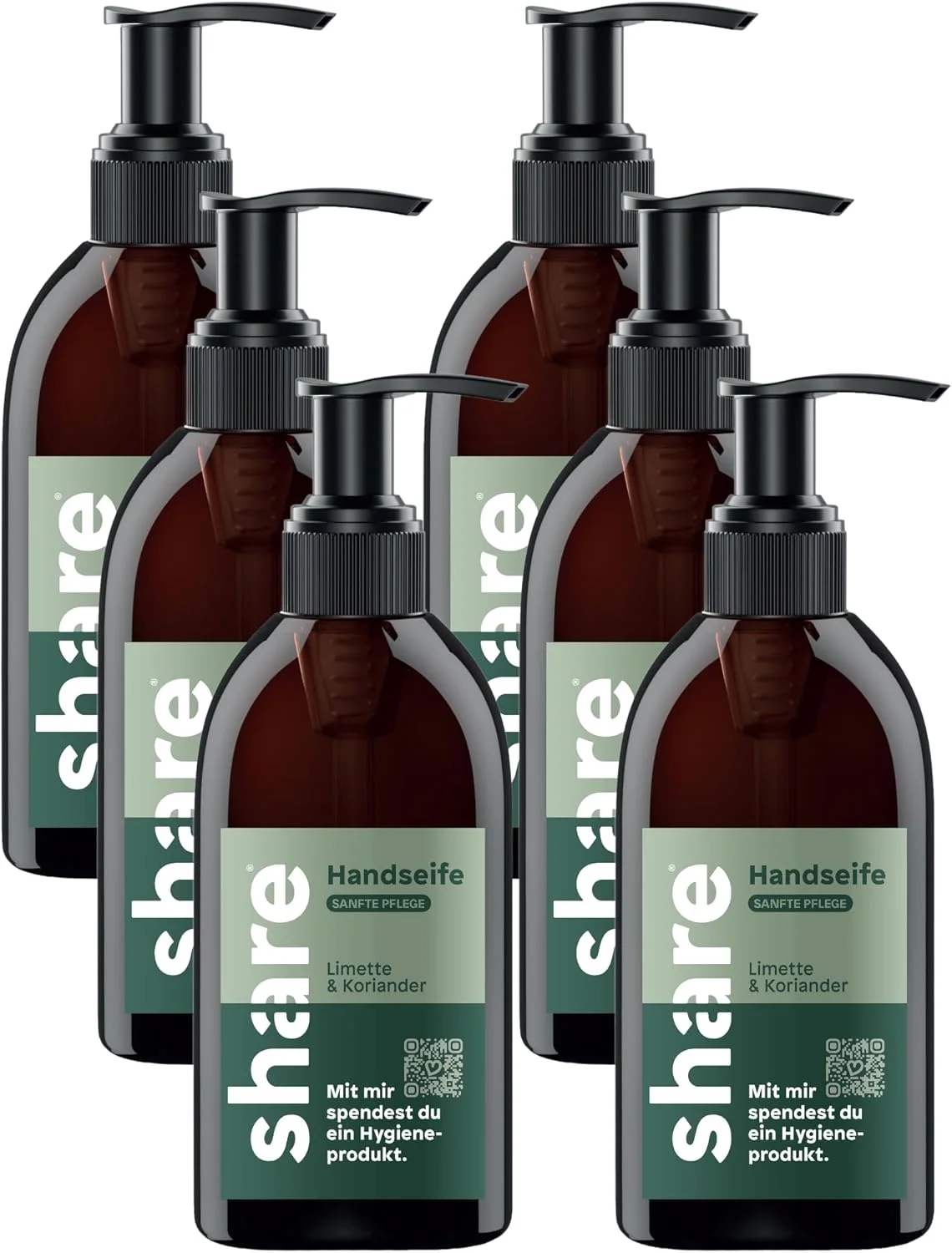 مایع دستشویی لیمو و گشنیز share - پاک کننده ملایم و رایحه ای تازه بدون میکروپلاستیک - مایع دستشویی وگان در ظرف پمپی (6 عدد x 250 میلی لیتر)، مایع دستشویی وگان با pH خنثی، پخش کننده محصولات بهداشتی