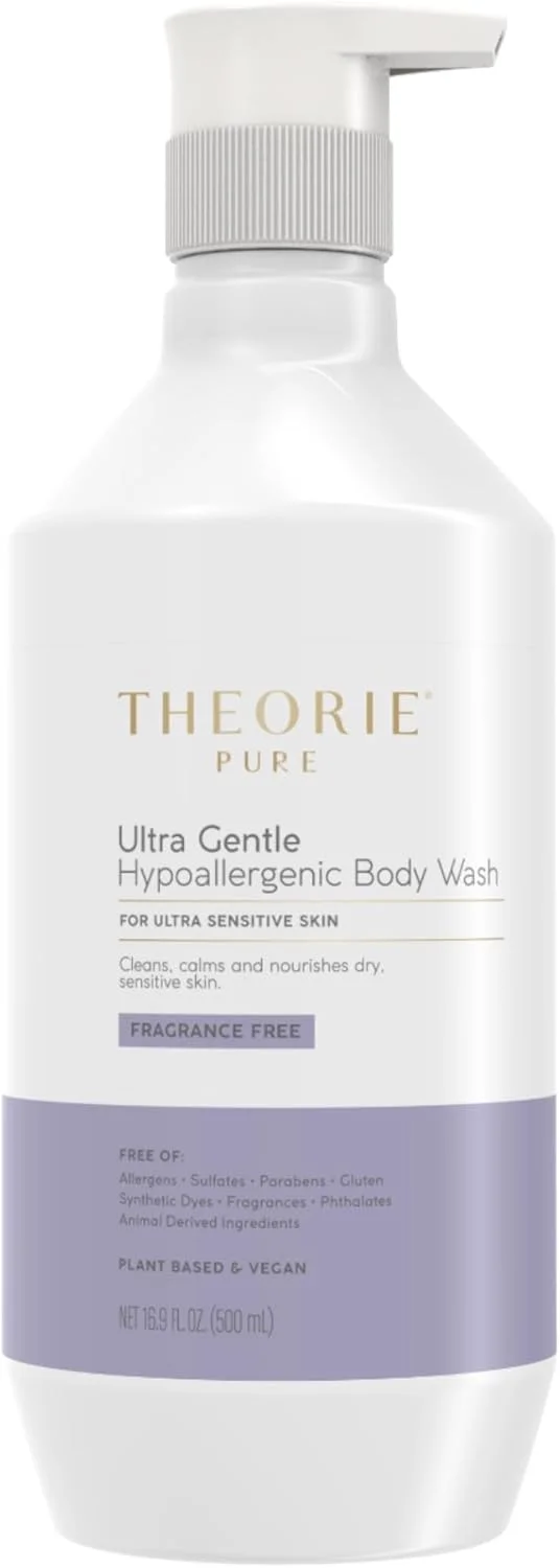 شوینده بدن ملایم و ضد حساسیت تئوری - بدون رایحه - پاک کننده و لایه بردار برای پوست حساس، بطری پمپی (500 میلی لیتر)