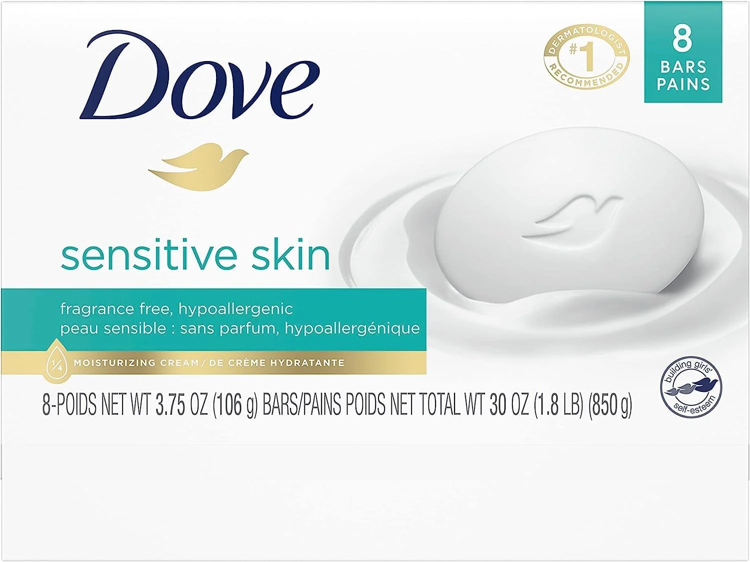 داو بیوتی بار، مرطوب کننده بیشتر از صابون معمولی برای پوستی نرم تر، بدون عطر، ضد حساسیت مناسب پوست حساس با پاک کننده ملایم، 106 گرم (بسته 8 عددی)