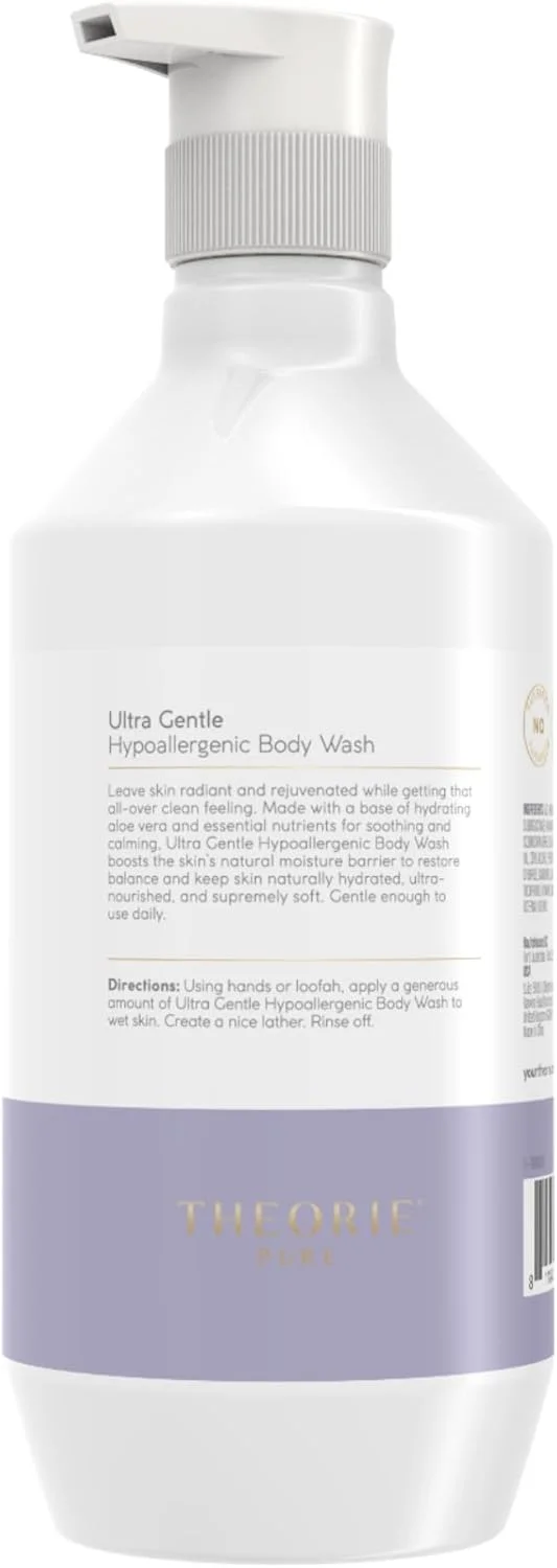 شوینده بدن ملایم و ضد حساسیت تئوری - بدون رایحه - پاک کننده و لایه بردار برای پوست حساس، بطری پمپی (500 میلی لیتر)