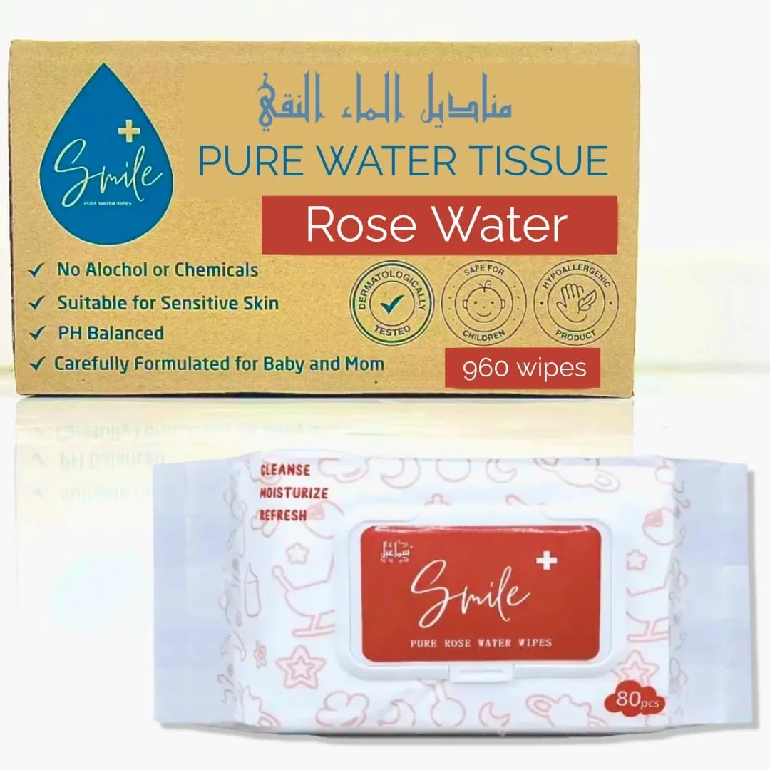 دستمال مرطوب حاوی آب خالص گل رز، 80 عددی - دستمال های ملایم و ضد حساسیت برای پوست های حساس - بدون عطر و الکل - آب خالص گل رز - 10 + 2 رایگان - 960 عدد دستمال