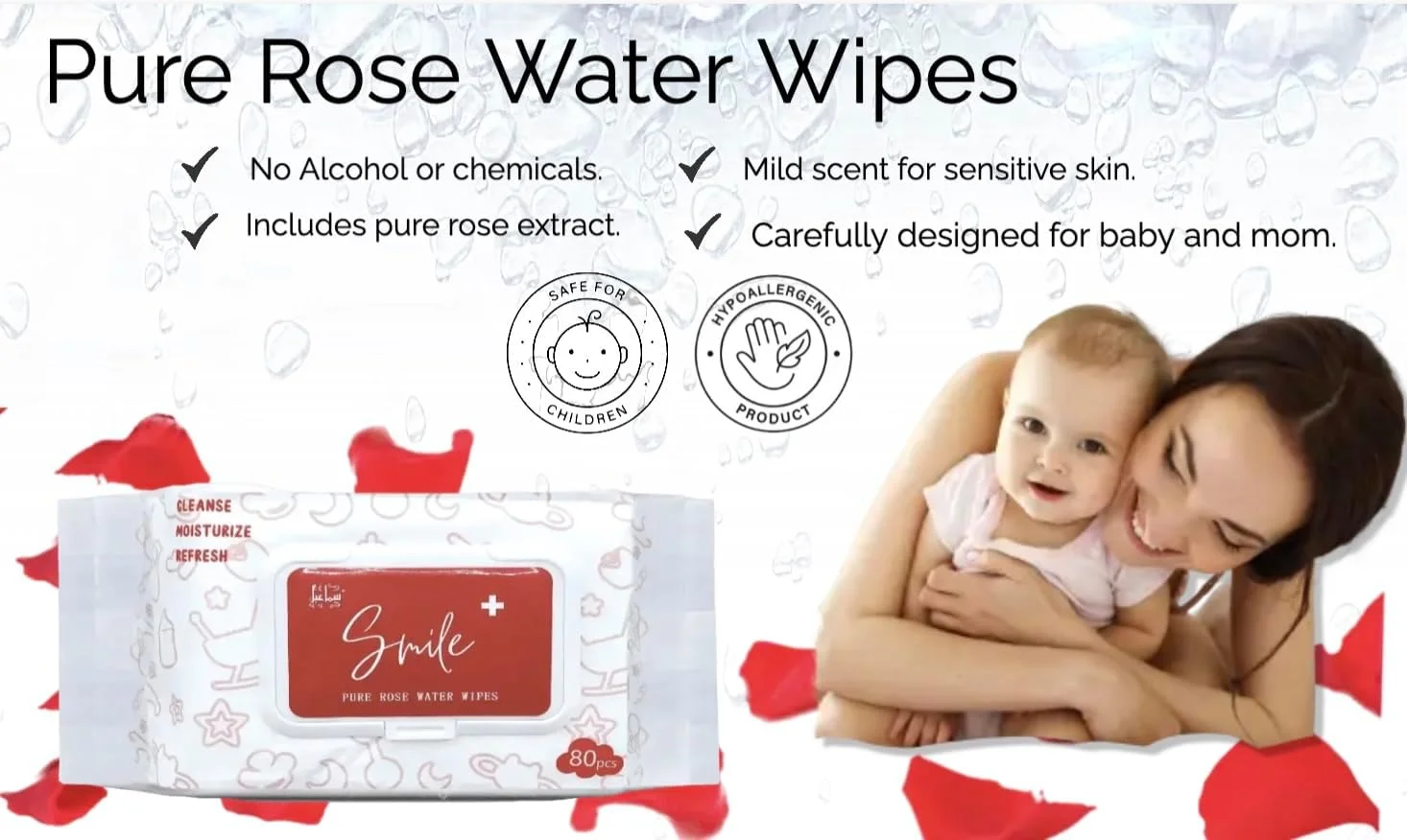 دستمال مرطوب حاوی آب خالص گل رز، 80 عددی - دستمال های ملایم و ضد حساسیت برای پوست های حساس - بدون عطر و الکل - آب خالص گل رز - 10 + 2 رایگان - 960 عدد دستمال