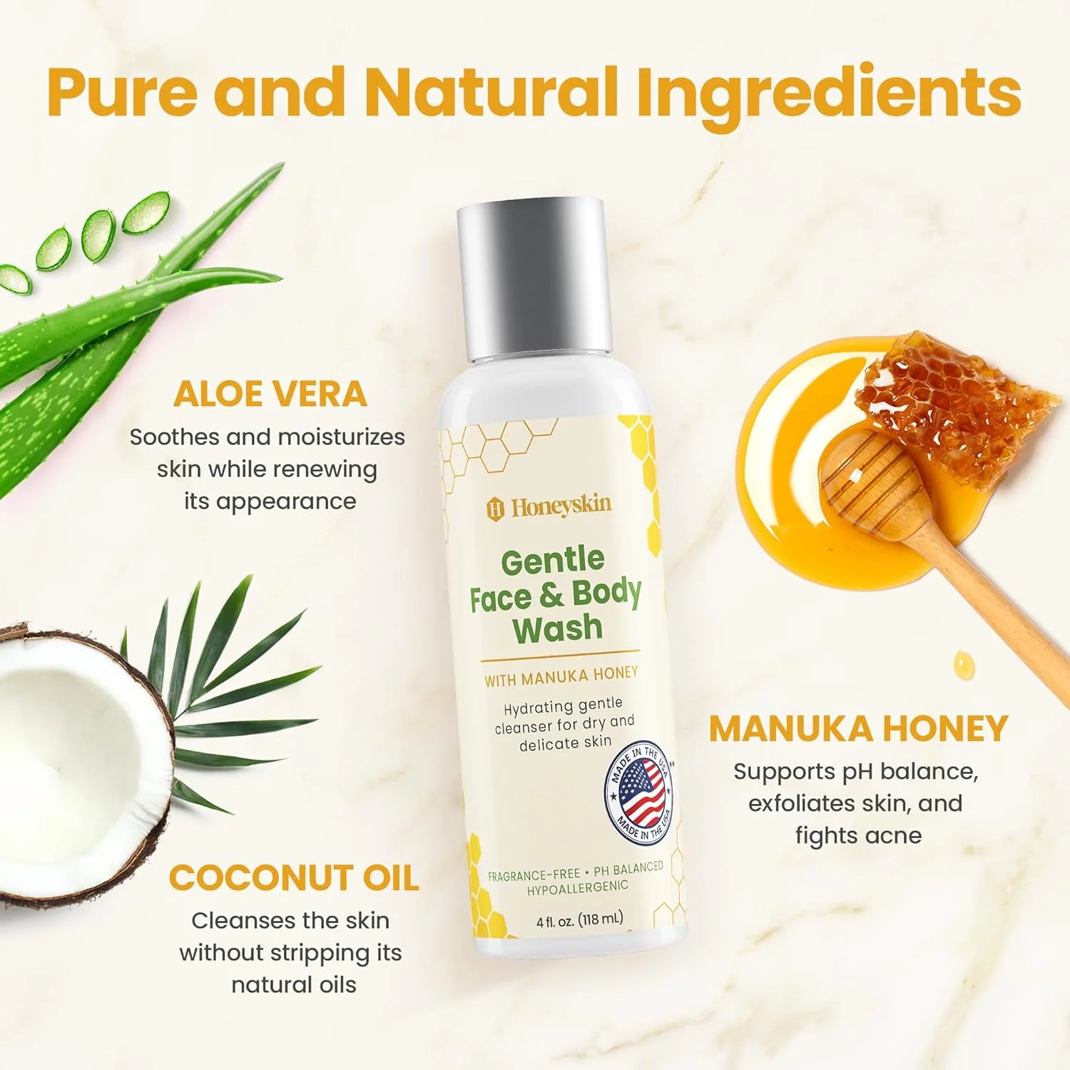 شوینده ملایم و مرطوب کننده ارگانیک صورت و بدن هانی اسکین (118 میلی لیتر) حاوی عسل مانوکا، آلوئه ورا، مواد گیاهی، بدون پارابن، بدون سولفات، بدون عطر، ضد حساسیت شوینده ملایم و مرطوب کننده ارگانیک صورت و بدن هانی اسکین (118 میلی لیتر) حاوی عسل مانوکا، آلوئه ورا، مواد گیاهی، بدون پارابن، بدون سولفات، بدون عطر، ضد حساسیت