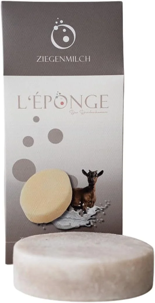 اسفنج حمام شیر بز L'ÉPONGE، اسفنج نوآورانه 4 در 1 با صابون طبیعی کف کننده، رایحه شدید و اثر لایه برداری ملایم. اسفنج طبیعی برای تا 30 بار شستشو