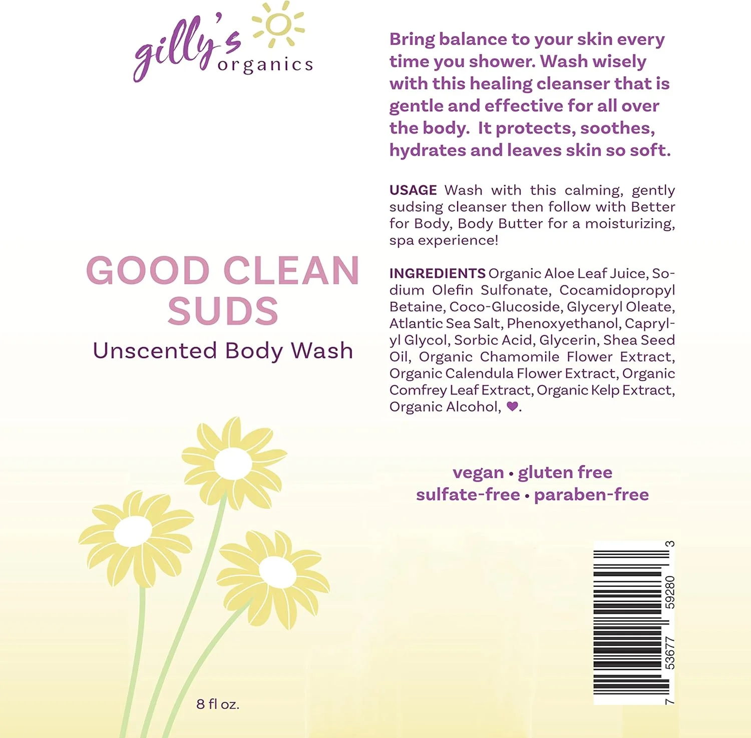 شوینده بدن طبیعی و ارگانیک بدون رایحه از Gilly’s Organics با فوم غنی آبرسان - ملایم، بدون عطر، بدون SLS، ژل دوش و شامپو 2 در 1 با آلوئه ورا برای پوست های حساس یا خشک، 236 میلی لیتر