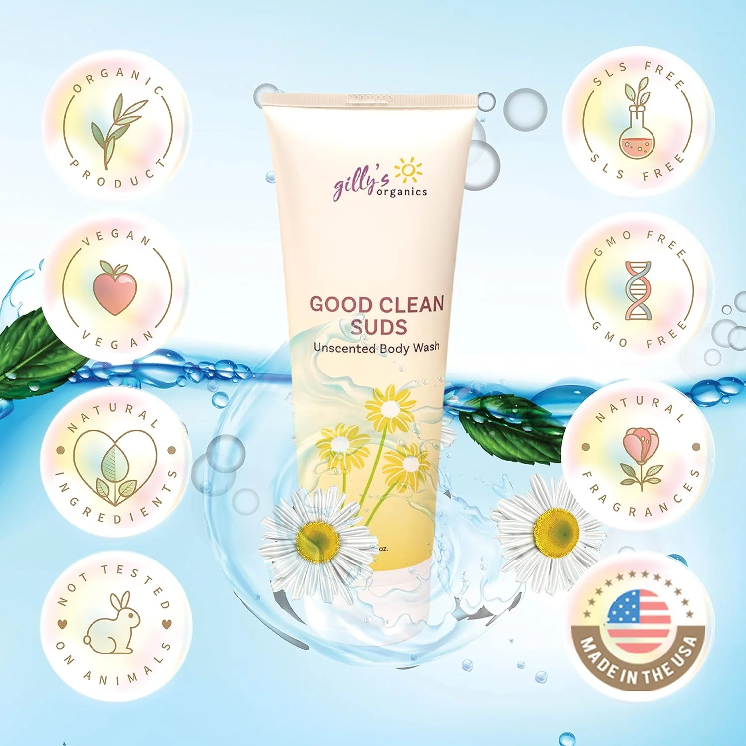 شوینده بدن طبیعی و ارگانیک بدون رایحه از Gilly’s Organics با فوم غنی آبرسان - ملایم، بدون عطر، بدون SLS، ژل دوش و شامپو 2 در 1 با آلوئه ورا برای پوست های حساس یا خشک، 236 میلی لیتر