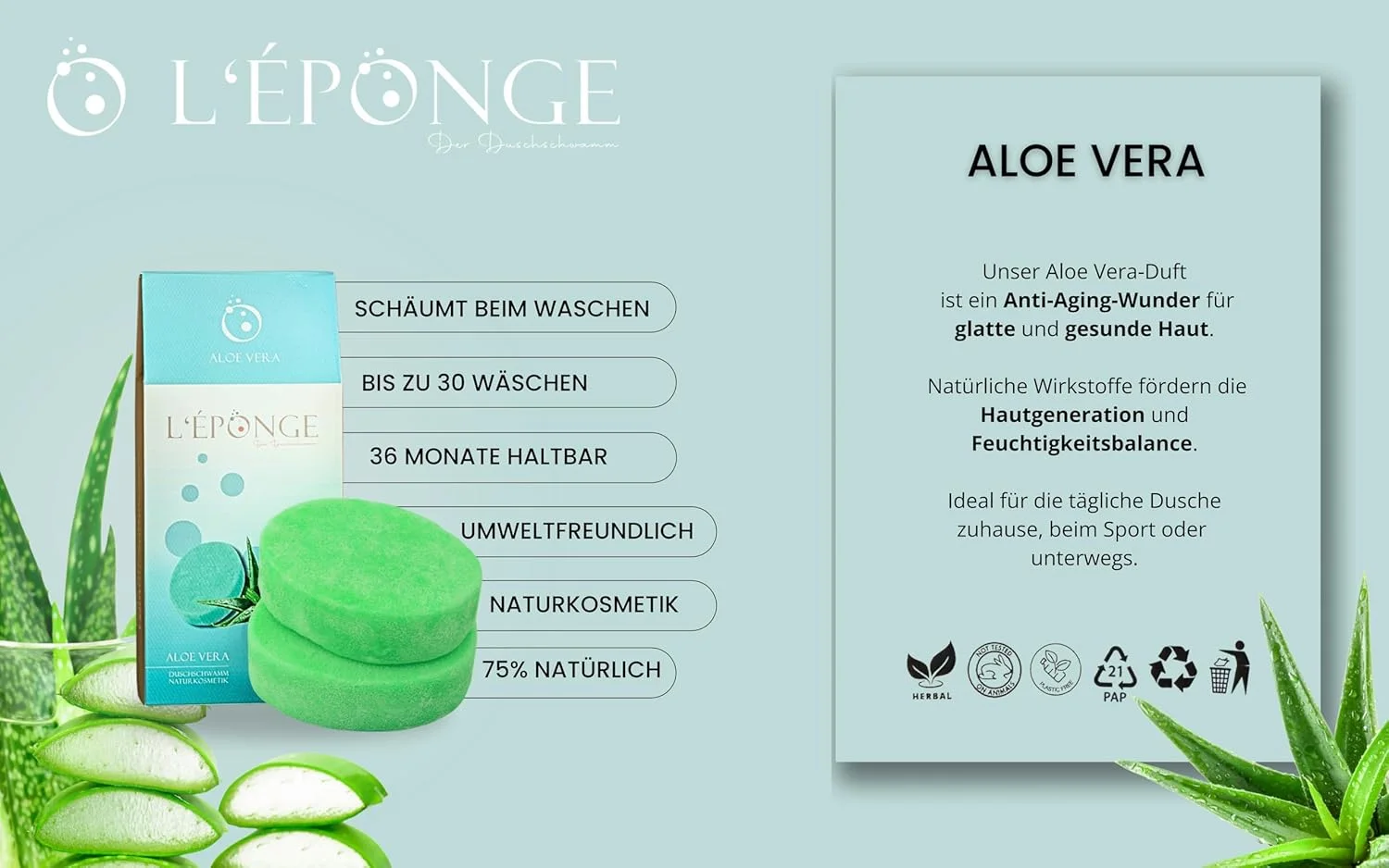 اسفنج حمام آلوئه ورا L'ÉPONGE، اسفنج حمام نوآورانه 4 در 1 با صابون طبیعی کف کننده، رایحه ای قوی و اثر لایه برداری ملایم. اسفنج طبیعی برای استفاده تا 30 بار اسفنج حمام آلوئه ورا L'ÉPONGE، اسفنج حمام نوآورانه 4 در 1 با صابون طبیعی کف کننده، رایحه ای قوی و اثر لایه برداری ملایم. اسفنج طبیعی برای استفاده تا 30 بار
