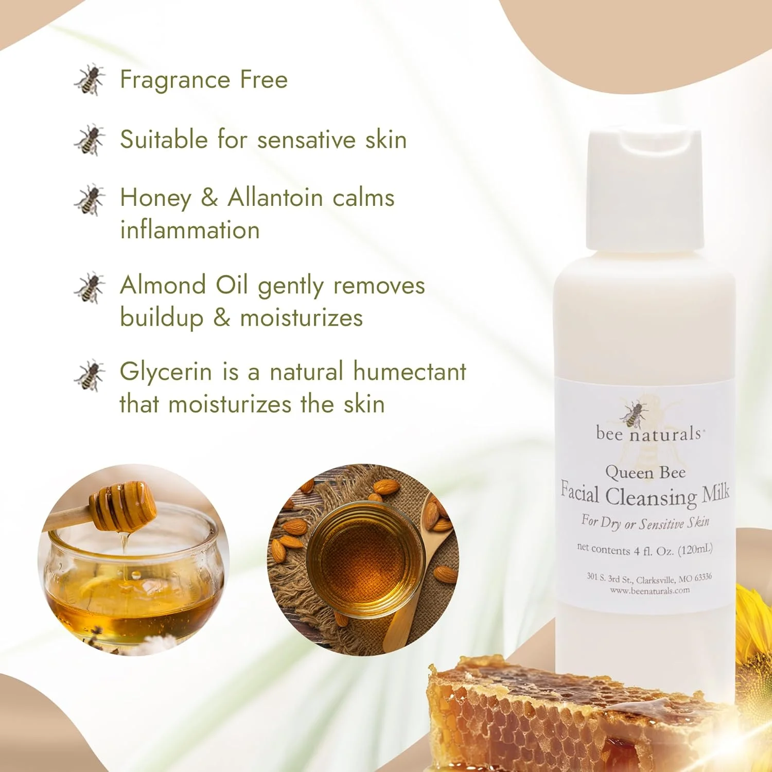 شیر پاک کننده صورت Bee Naturals - بدون کف، بدون عطر، پاک کننده ملایم برای انواع پوست با عسل، آلانتوئین و روغن بادام (118 میلی لیتر)