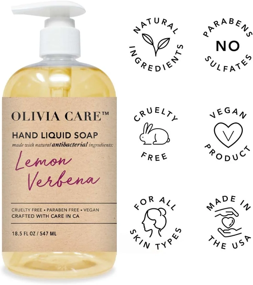 مایع دستشویی آنتی باکتریال Olivia Care – غنی شده با روغن مریم گلی و درخت چای و رایحه لیمو شاه‌پسند، پاک کننده، ضد میکروب، مرطوب کننده دست برای آشپزخانه و حمام - ملایم – 414 میلی لیتر