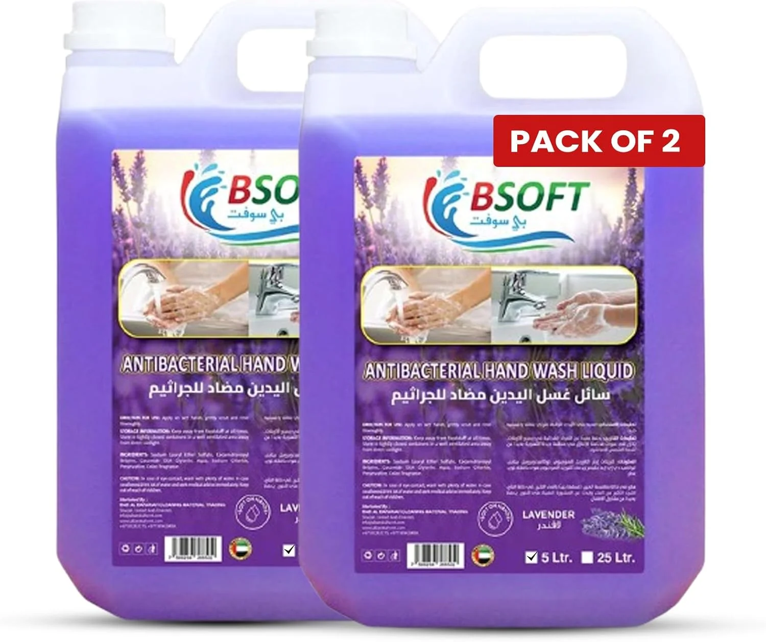 مایع دستشویی 5 لیتری BSOFT (بسته 2 عددی) | مایع دستشویی آنتی باکتریال | ملایم بر روی پوست، قوی در برابر میکروب ها | مرطوب کننده و با ماندگاری طولانی با رایحه اسطوخودوس
