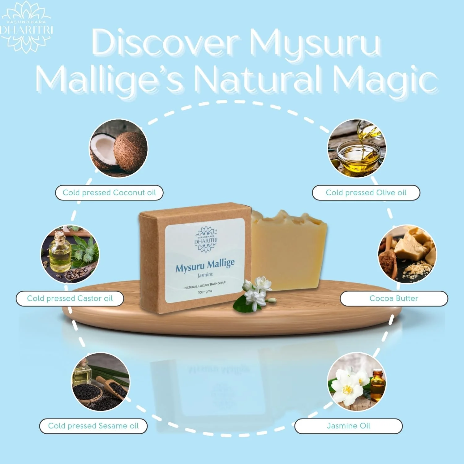 صابون حمام طبیعی دهاریتری میسورو مالیگه، عصاره های یاس برای رایحه طبیعی، مرطوب کننده، ضد جوش و تغذیه کننده پوست، صابون لایه بردار ملایم بدون مواد شیمیایی برای انواع پوست، 100 گرم