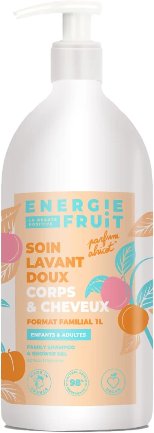 انرژی فروت | شوینده ملایم مناسب خانواده، سایز بزرگ 1 لیتری، بدن و مو، رایحه زردآلو، 1000 میلی لیتر