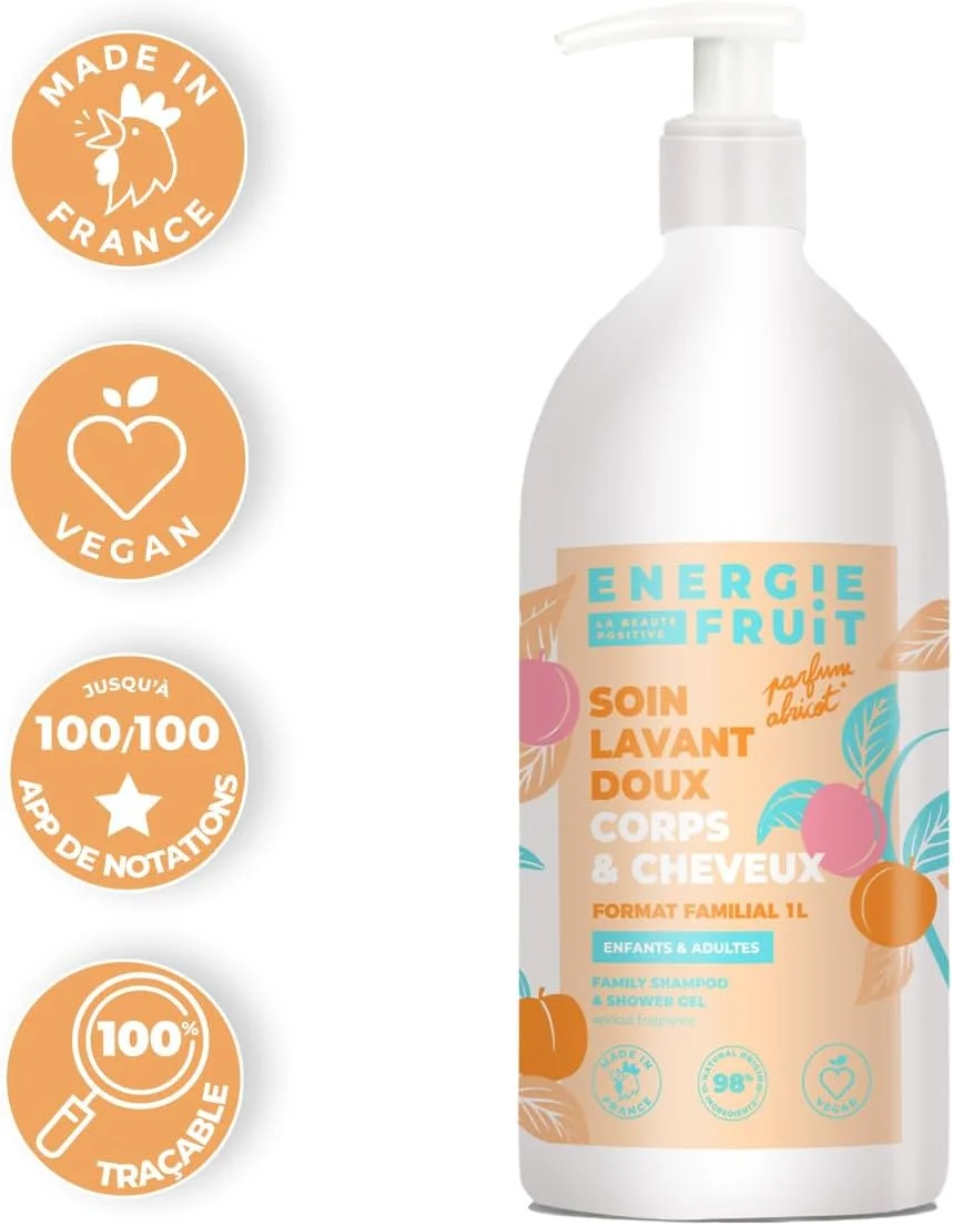 انرژی فروت | شوینده ملایم مناسب خانواده، سایز بزرگ 1 لیتری، بدن و مو، رایحه زردآلو، 1000 میلی لیتر