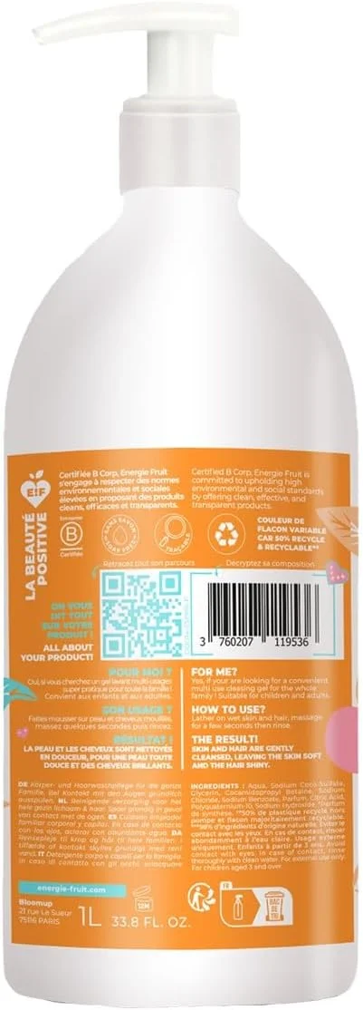 انرژی فروت | شوینده ملایم مناسب خانواده، سایز بزرگ 1 لیتری، بدن و مو، رایحه زردآلو، 1000 میلی لیتر