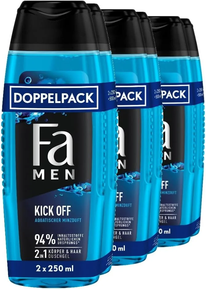 شامپو سر و بدن مردانه FA مدل Kick Off، بسته 2 عددی (3 x 2 x 250 میلی لیتر)، فرمول 2 در 1 برای مو و بدن، حواس خود را با رایحه با طراوت و مردانه اکالیپتوس و نعناع آبی فعال کنید.