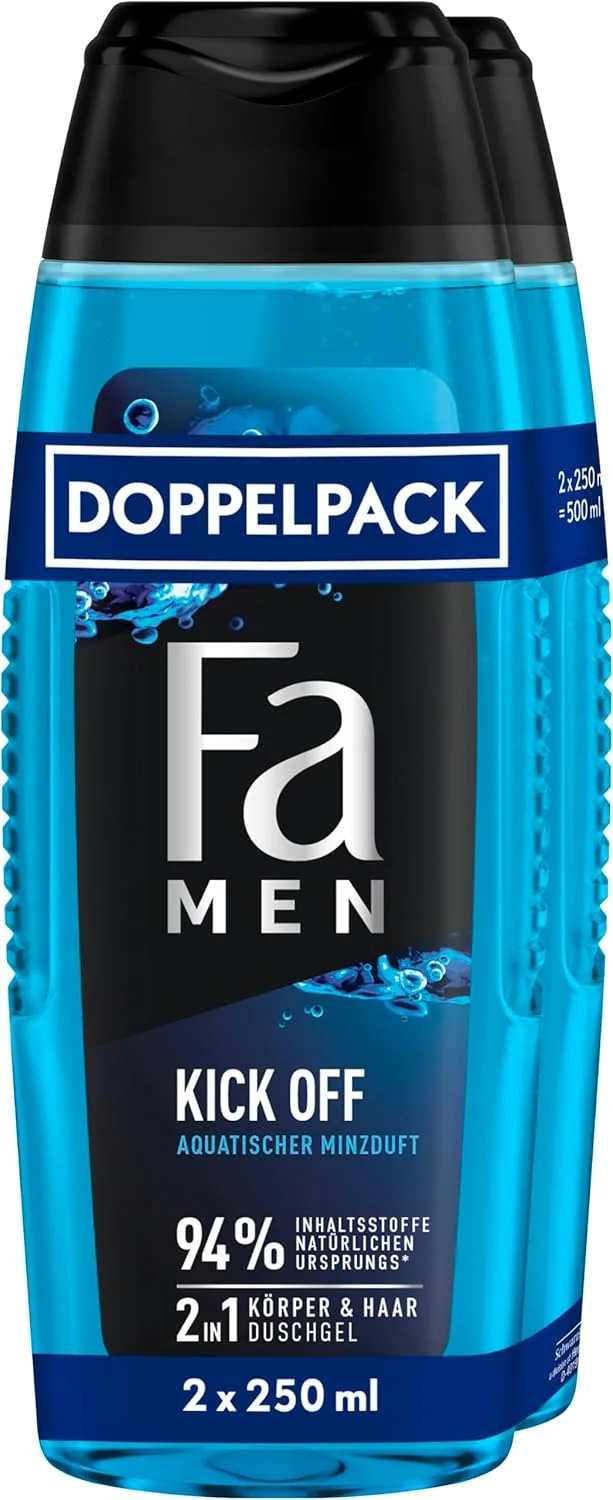 شامپو سر و بدن مردانه FA مدل Kick Off، بسته 2 عددی (2 x 250 میلی لیتر)، فرمول 2 در 1 برای مو و بدن، حواس خود را با رایحه با طراوت و مردانه اکالیپتوس و نعناع آبی فعال کنید