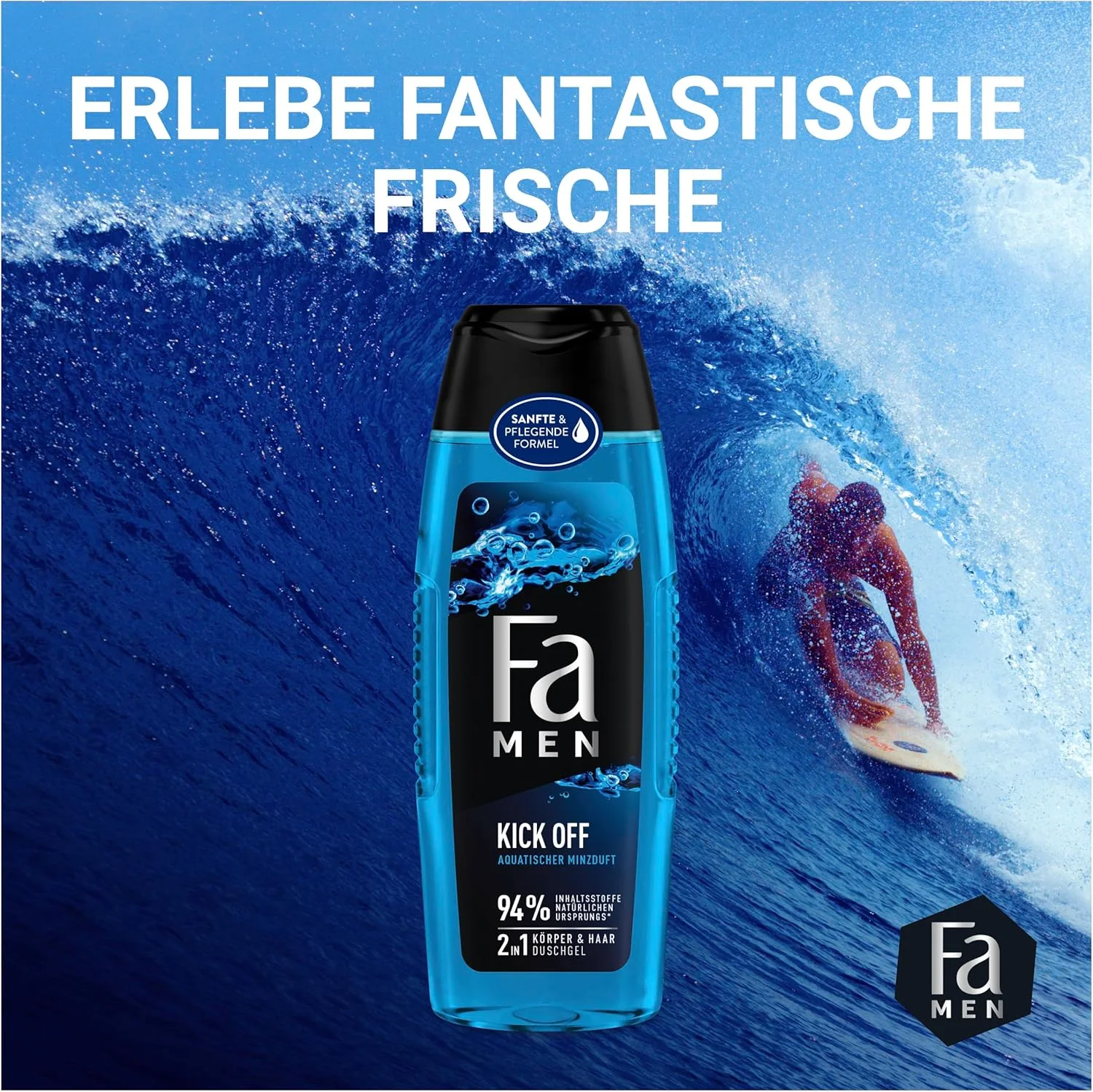 شامپو سر و بدن مردانه FA مدل Kick Off، بسته 2 عددی (2 x 250 میلی لیتر)، فرمول 2 در 1 برای مو و بدن، حواس خود را با رایحه با طراوت و مردانه اکالیپتوس و نعناع آبی فعال کنید