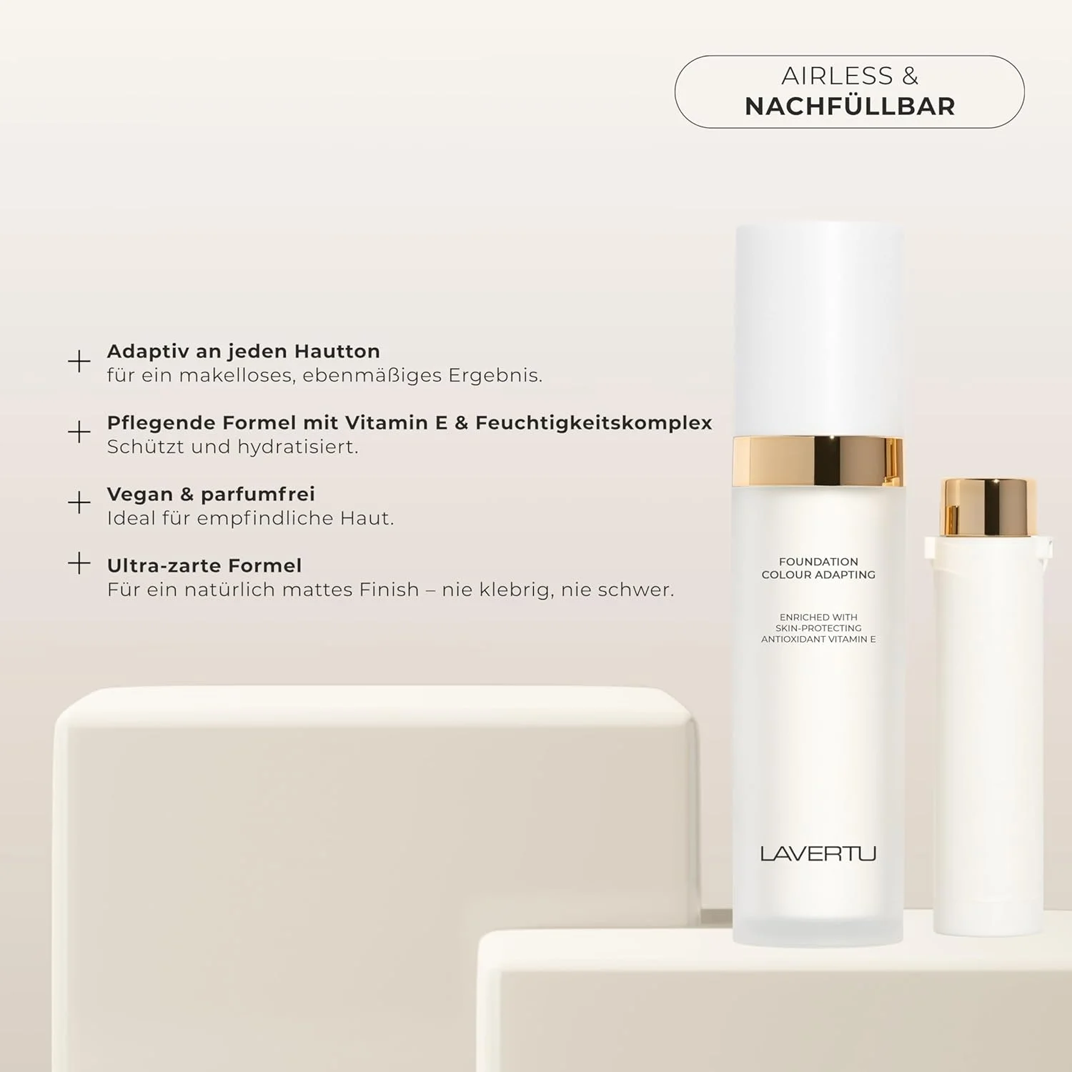 کرم پودر تطبیق رنگی Lavertu حاوی ویتامین E آنتی اکسیدان، دارای خواص ضد پیری، وگان، بدون عطر، بدون تست حیوانی، طبیعی، با پوشش ملایم، سیستم شارژ مجدد، 30 میلی لیتر (روشن)