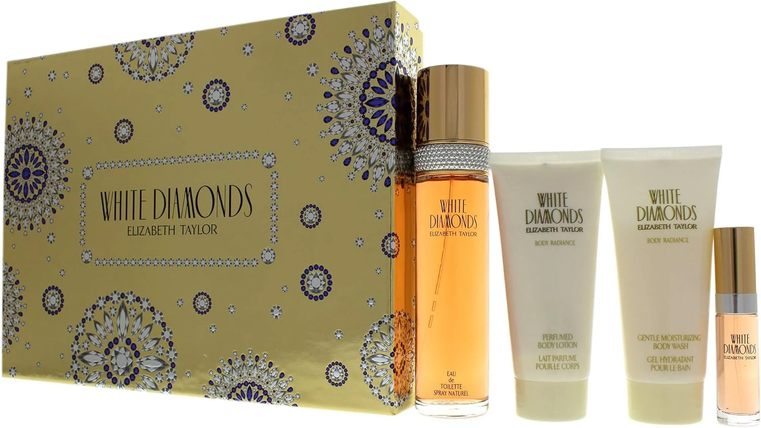 الیزابت تیلور وایت دایموندز زنانه - ست هدیه 4 تکه شامل اسپری ادو تویلت 100 میلی لیتری، ژل شستشوی بدن مرطوب کننده ملایم 100 میلی لیتری، لوسیون بدن معطر 100 میلی لیتری، اسپری ادو تویلت 10 میلی لیتری