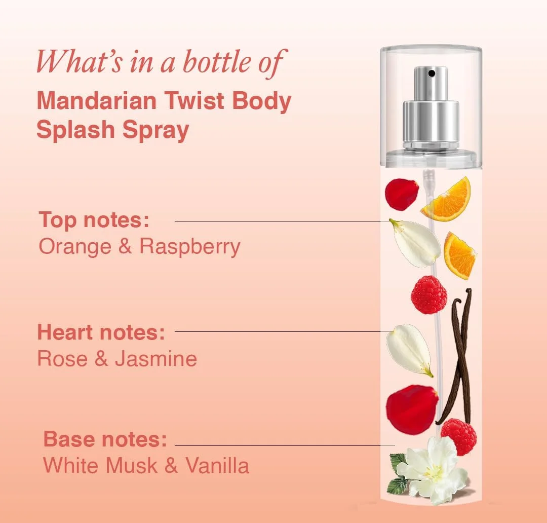 اسپری خوشبو کننده بدن زنانه Wottagirl با رایحه ماندارین توئیست | رایحه میوه ای و گلی با نت های پرتقال، تمشک، یاس و وانیل | طراوت ماندگار | 135 میلی لیتر
