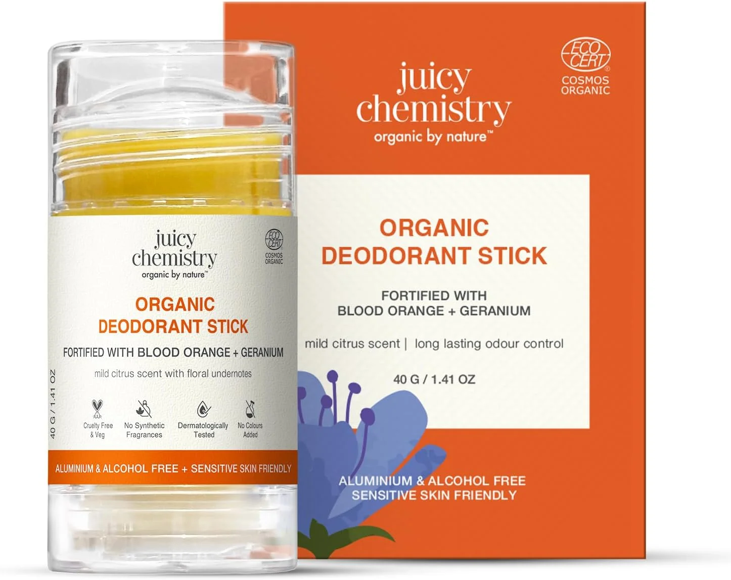استیک دئودورانت ارگانیک Juicy Chemistry، 40 گرم | دئودورانت رولی زیر بغل برای زنان و مردان | استیک دئودورانت روشن کننده و عطر بدن | کاهش رنگدانه | رایحه مرکبات ماندگار | ایمن برای