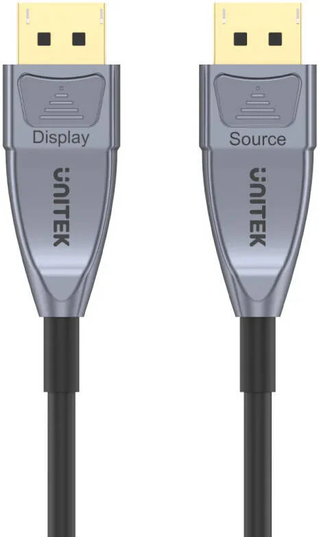 کابل فیبر نوری DisplayPort 1.4 یونی‌تک 8K، نرخ نوسازی 60 هرتز در 8K، نرخ نوسازی 144 هرتز در 4K، نرخ نوسازی 240 هرتز در 1440p، پهنای باند 32.4 گیگابیت بر ثانیه، HDR، قفل مطمئن، بدنه آلیاژ روی و کانکتورهای روکش طلا، طول کابل 20 متر، مشکی | C1618GY