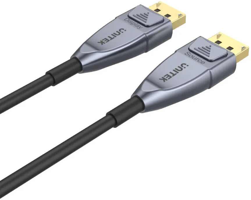 کابل فیبر نوری DisplayPort 1.4 یونی‌تک 8K، نرخ نوسازی 60 هرتز در 8K، نرخ نوسازی 144 هرتز در 4K، نرخ نوسازی 240 هرتز در 1440p، پهنای باند 32.4 گیگابیت بر ثانیه، HDR، قفل مطمئن، بدنه آلیاژ روی و کانکتورهای روکش طلا، طول کابل 20 متر، مشکی | C1618GY
