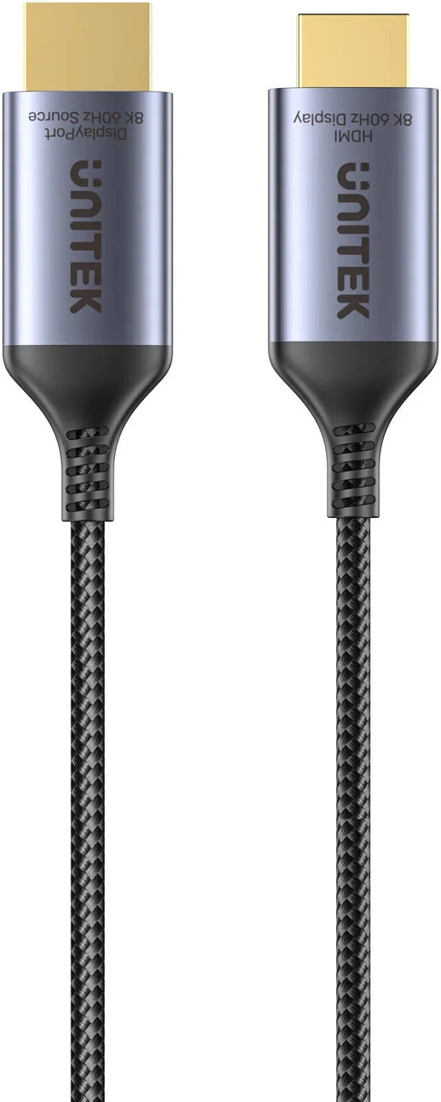 کابل DisplayPort 1.4 به HDMI 8K یونیتک، تا رزولوشن UHD 8K@60Hz، HDR فعال، HDCP2.3، Dolby Atmos، بدنه آلومینیومی + جنس بافته شده نایلونی، طول کابل 1.8 متر، خاکستری فضایی | V1610A01