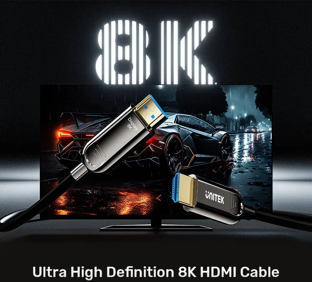 کابل فیبر نوری 8K HDMI یونیتک، رزولوشن 8K@60Hz، پهنای باند تا 48Gbps، پلاگ با روکش طلای 24K، HDR10 پویا، eARC، ALLM، 30AWG، بدنه آلیاژی، طول کابل 100 متر، مشکی | C11085GY01-100M