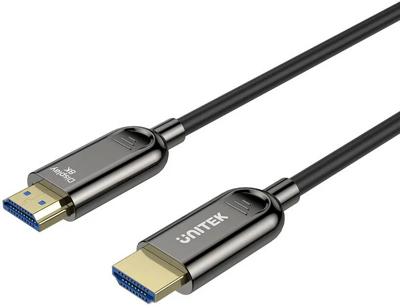 کابل فیبر نوری 8K HDMI یونیتک، رزولوشن 8K@60Hz، پهنای باند تا 48Gbps، پلاگ با روکش طلای 24K، Dynamic HDR10، eARC، ALLM، 30AWG، بدنه آلیاژی، طول کابل 20 متر، مشکی | C11085GY01-20M