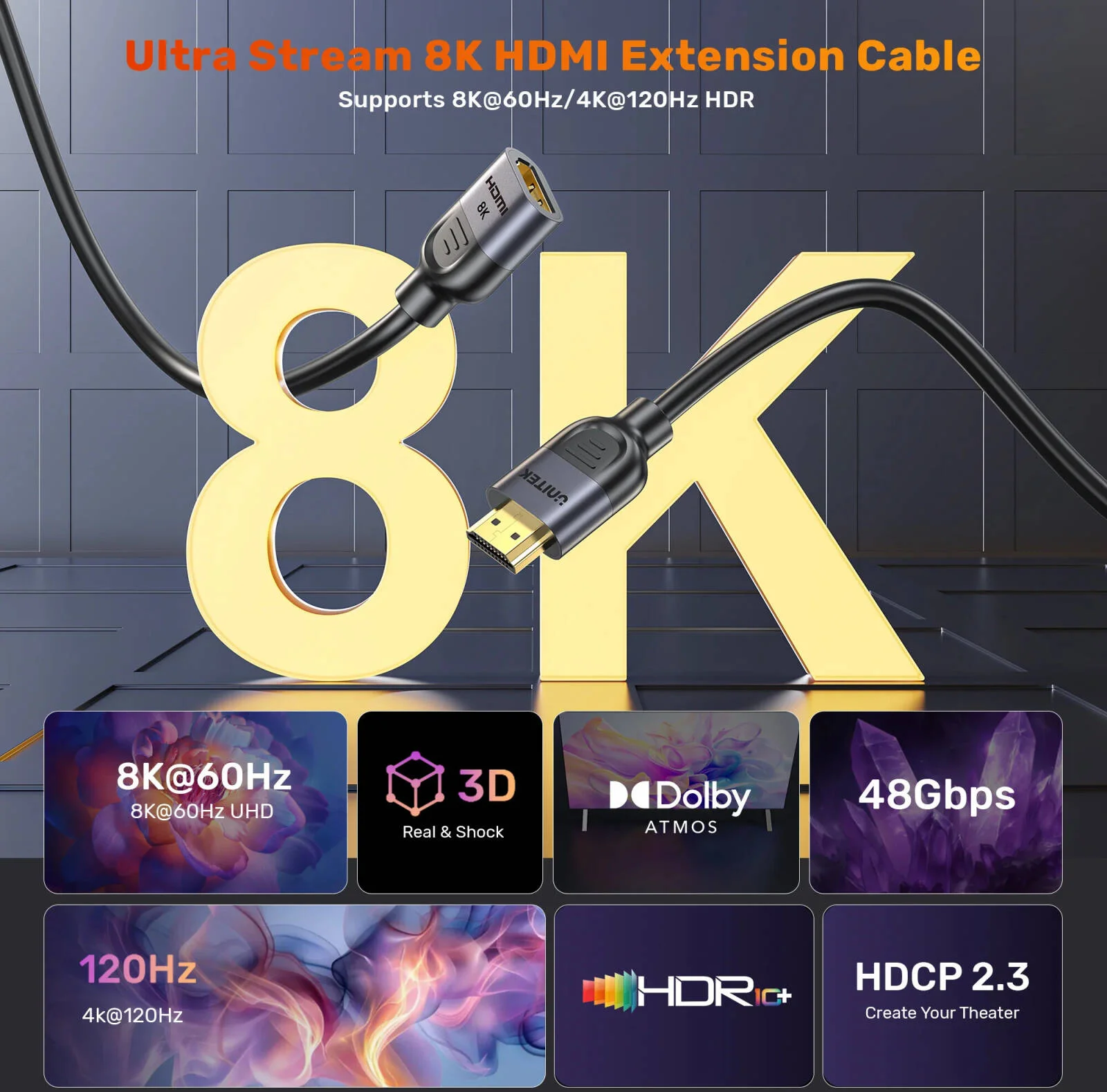 کابل افزایش طول HDMI 8K الترا استریم یونیتک، رزولوشن 8K@60Hz، انتقال داده 48Gbps، اتصال آسان، کانکتور با روکش طلا، بدنه آلیاژ آلومینیوم + PVC، طول کابل 1 متر، مشکی | C11091AGY01-1M کابل افزایش طول HDMI 8K الترا استریم یونیتک، رزولوشن 8K@60Hz، انتقال داده 48Gbps، اتصال آسان، کانکتور با روکش طلا، بدنه آلیاژ آلومینیوم + PVC، طول کابل 1 متر، مشکی | C11091AGY01-1M