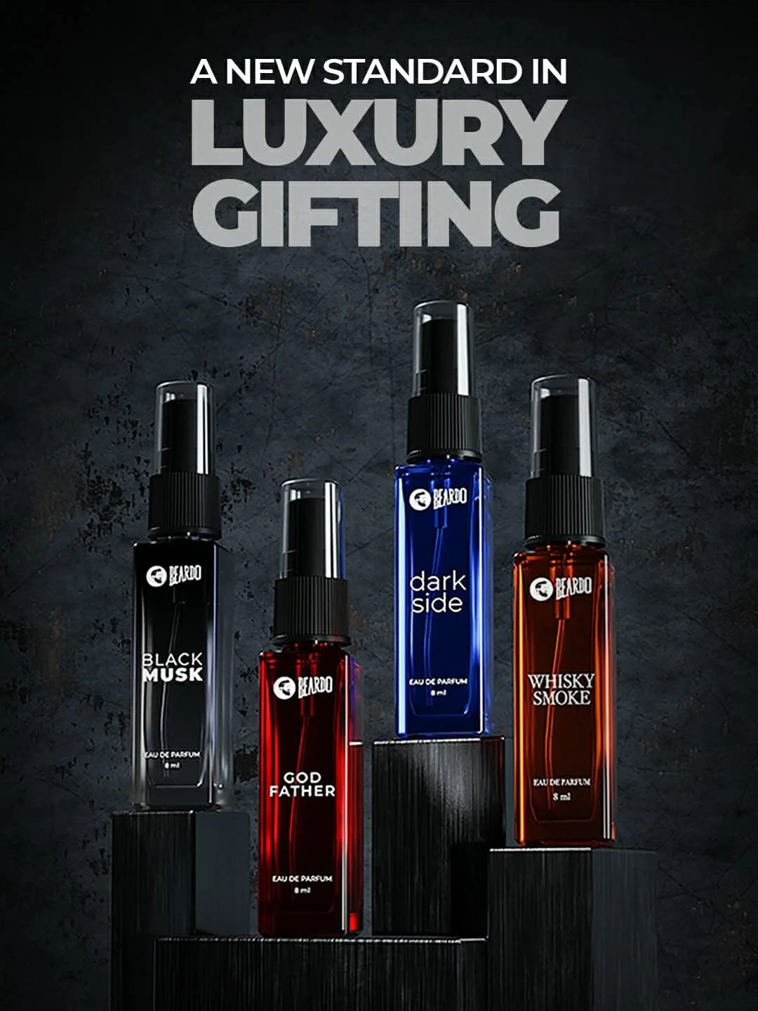 ست هدیه عطر مردانه Beardo - مجموعه ممتاز 4x8ml | مشک سیاه، پدرخوانده، سمت تاریک و دود ویسکی | ادو پرفیوم | رایحه قوی و ماندگار | هدیه برای برادر | هدیه برای دوست پسر | هدیه