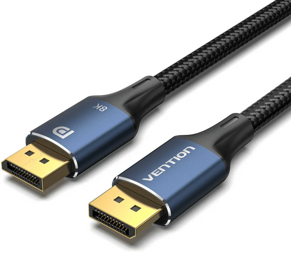 کابل DisplayPort نر به نر Vention با روکش بافته شده نخی، پهنای باند 32.4 گیگابیت بر ثانیه، پشتیبانی از نمایشگر تا 8K@60Hz، رسانای روکش نقره ای 30AWG، پشتیبانی از FreeSync و G-Sync، طول کابل 2 متر، آبی/مشکی | HCELH