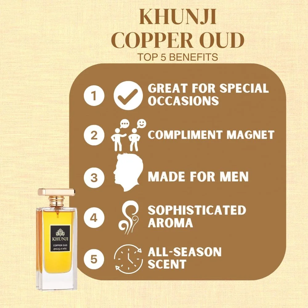 عطر مردانه - ادو پرفیوم - Khunji Copper Oud از Aris - رایحه گرم و چوبی عود برای مردان - رایحه ماندگار - ادکلن مردانه - 100 میلی لیتر
