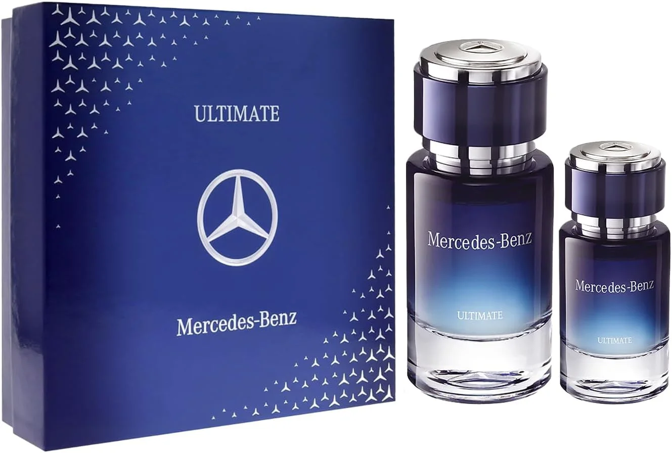 ست هدیه ادو پرفیوم مردانه مرسدس بنز آلتیمیت 2 تکه - اسپری ادو پرفیوم 120 میل و اسپری عطر مسافرتی 25 میل - عطر لوکس و ماندگار با رایحه اسطوخودوس، سیب و چوب سدر