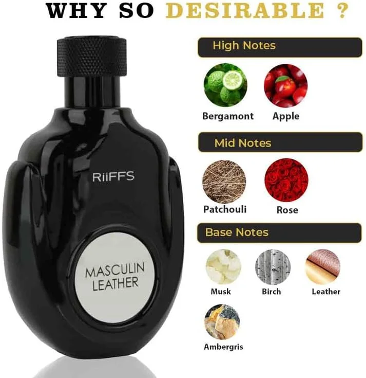 عطر مردانه چرمی مردانه Riiffs | رایحه ای قوی و کلاسیک | بدون تست حیوانی، ادو پرفیوم ماندگار | هدیه عالی، 100 میلی لیتر