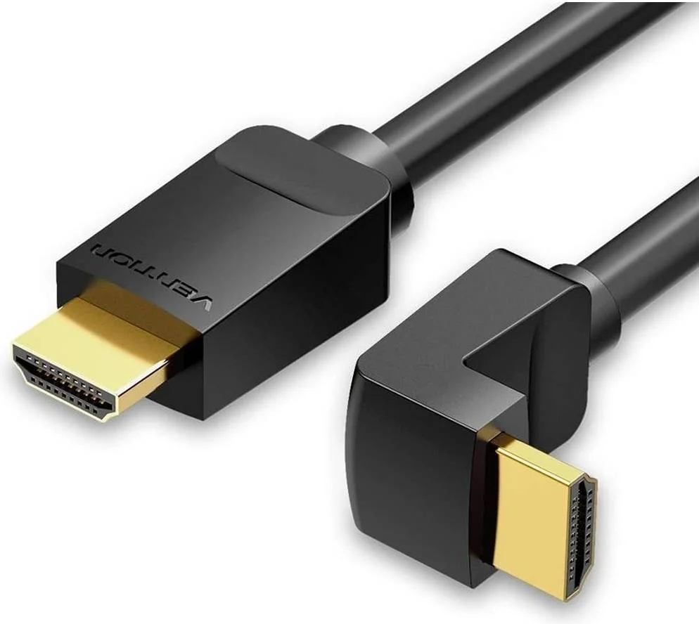 کابل HDMI 2.0 با زاویه 90 درجه Vention، پشتیبانی از رزولوشن تا 4K @ 60Hz، کانکتور با روکش طلا، رسانای مسی قلع اندود، فویل آلومینیومی + محافظ توری، 30 AWG، طول کابل 1 متر، مشکی | AARBF