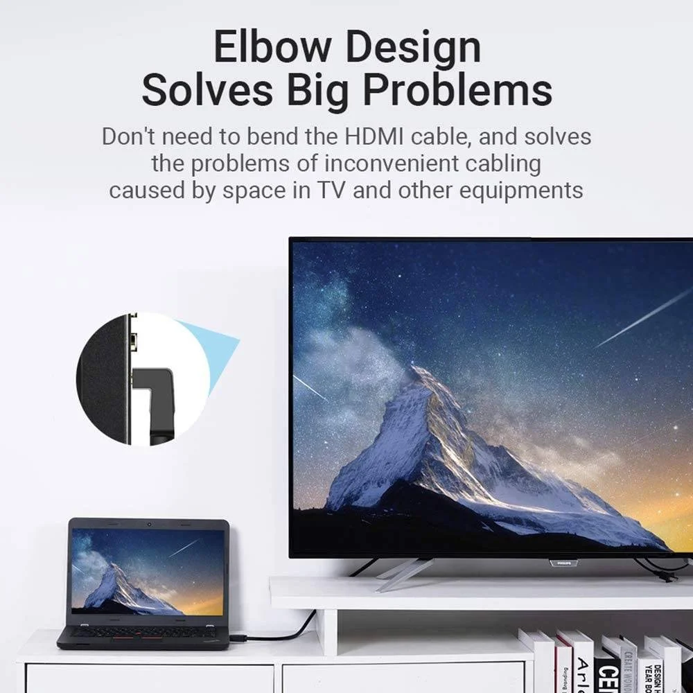 کابل HDMI 2.0 زاویه راست 90 درجه Vention، پشتیبانی از رزولوشن تا 4K @ 60Hz، کانکتور با روکش طلا، رسانای مس قلع اندود، فویل آلومینیومی + محافظ توری، 30 AWG، طول کابل 1.5 متر، مشکی | AARBG