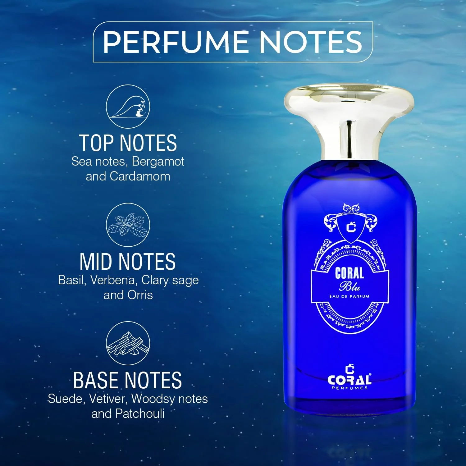 ادکلن مردانه کورال بلو - 100 میلی لیتر | ادو پرفیوم | رایحه مردانه تازه و شیک | رایحه آروماتیک ماندگار با نت های دریایی، مرکباتی و چوبی