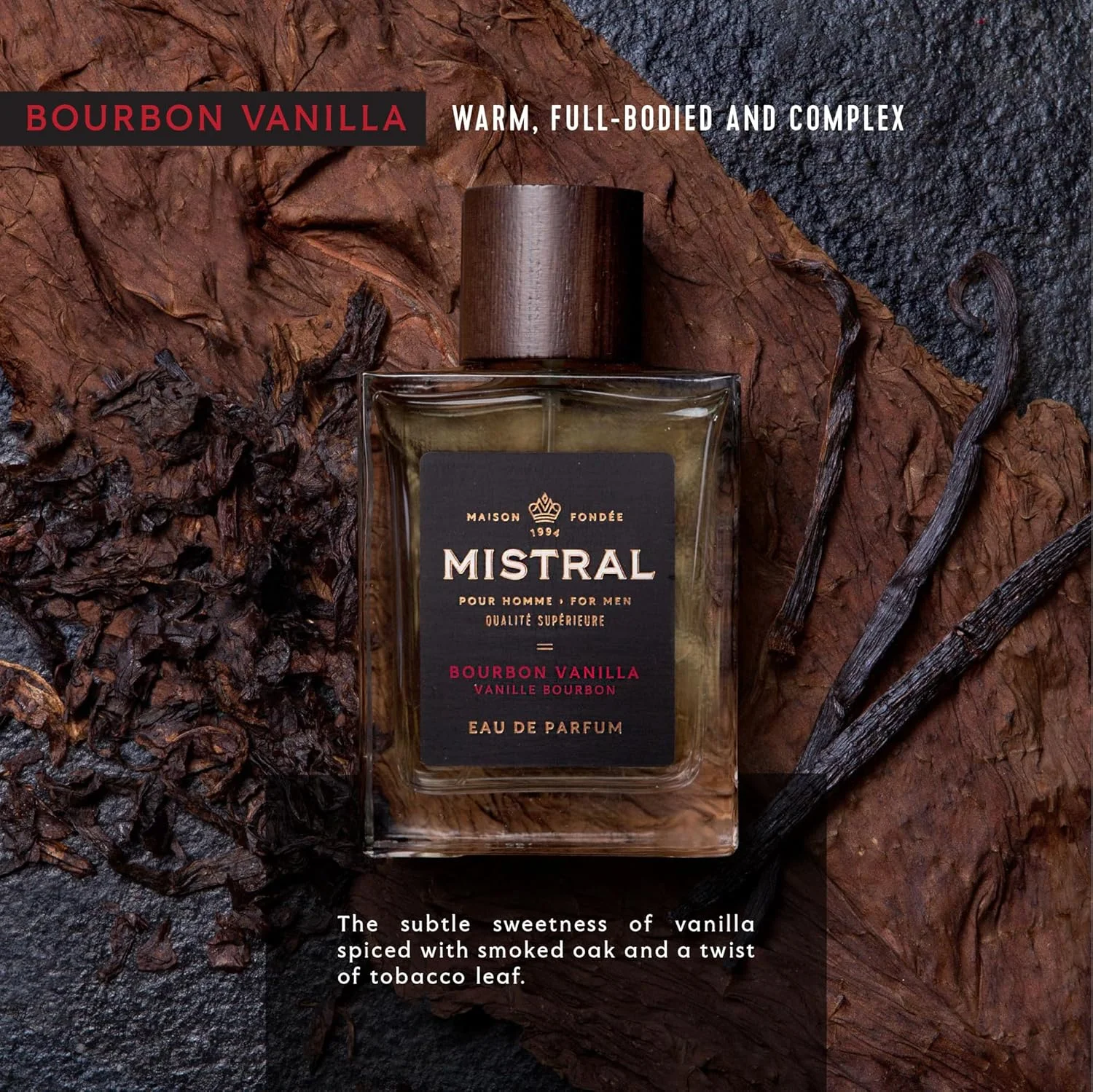ادکلن مردانه میسترال - ادو پرفیوم بوربن وانیل | رایحه گرم و شیرین مردانه با وانیل، نعناع هندی و چوب صندل | عطر ماندگار و بدون تست حیوانی برای مردان، ساخت فرانسه - 100 میل