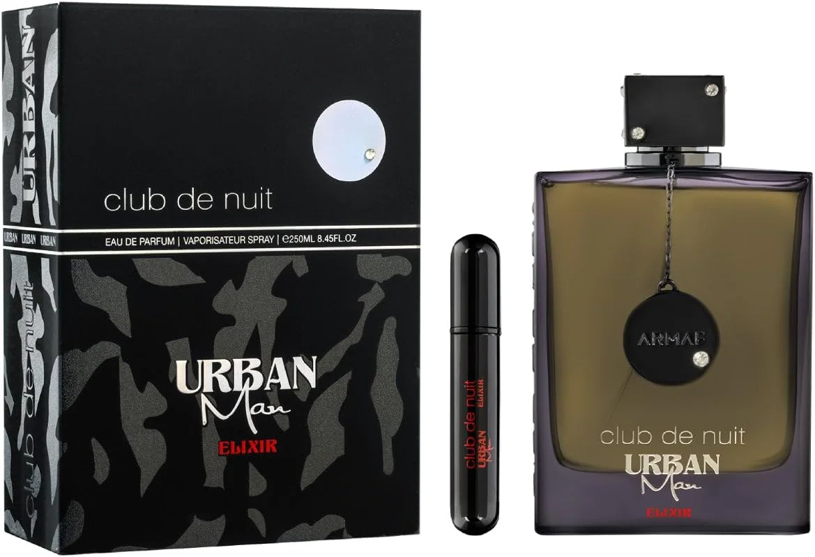 ادکلن مردانه آرماف کلاب د نویت اربن الکسیر مشکی 250 میلی لیتر + مینی پر کردنی، عطر مردانه، رایحه لوکس ماندگار، رایحه مردانه جسورانه با عنبر، نعناع هندی و سدر