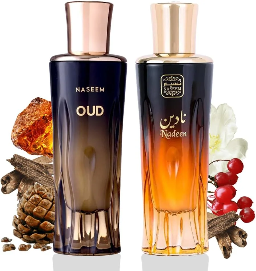 عطر زنانه و مردانه نسیم نادین و عود آکوا | بدون الکل، رایحه های عربی ماندگار برای زنان و مردان، گل عود، زعفران، اکستریت د پرفیوم (ست - 80 میلی لیتر)